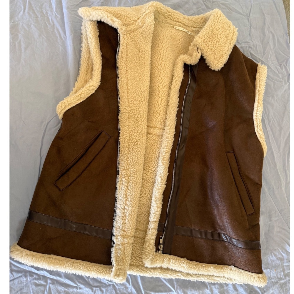 Altar'd State Faux Suede Shearling Aviator Vest Brown Cream Large Boho Lined